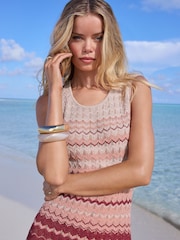 Lipsy Peach Pink Summer Crochet Knit Metallic Sparkle Chevron Stripe Maxi Dress - Image 2 of 5