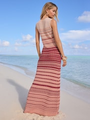 Lipsy Peach Pink Summer Crochet Knit Metallic Sparkle Chevron Stripe Maxi Dress - Image 5 of 5