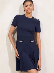 Lipsy Navy Knitted Pleated Skater Snaffle Mini Dress - Image 2 of 4