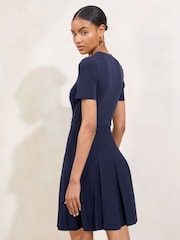 Lipsy Navy Knitted Pleated Skater Snaffle Mini Dress - Image 4 of 4