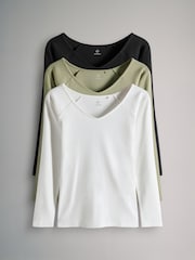 The Set Black/Cream/Khaki 3 Pack Off Shoulder V-Neck Ribbed Long Sleeve Top - Image 1 of 6