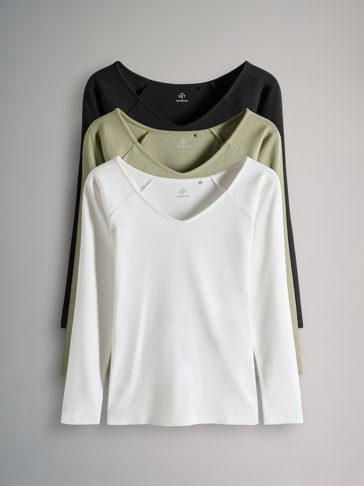 The Set Black/Cream/Khaki 3 Pack Off Shoulder V-Neck Ribbed Long Sleeve Top - Image 1 of 6