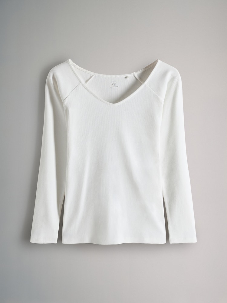 The Set Black/Cream/Khaki 3 Pack Off Shoulder V-Neck Ribbed Long Sleeve Top - Image 2 of 6