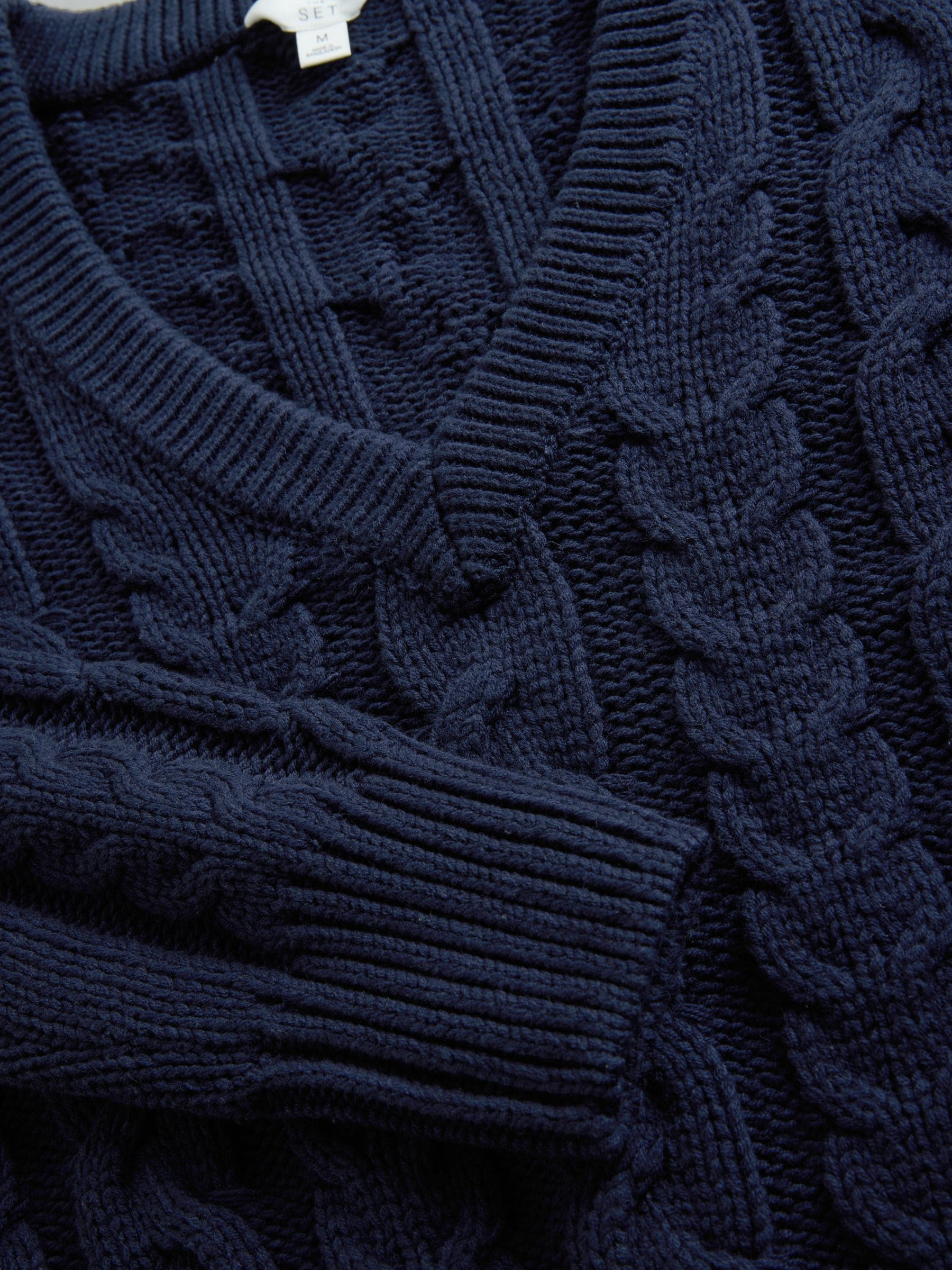 Buy The Set Navy Blue/Cream 2 Pack Cable Knitted V-Neck Jumpers