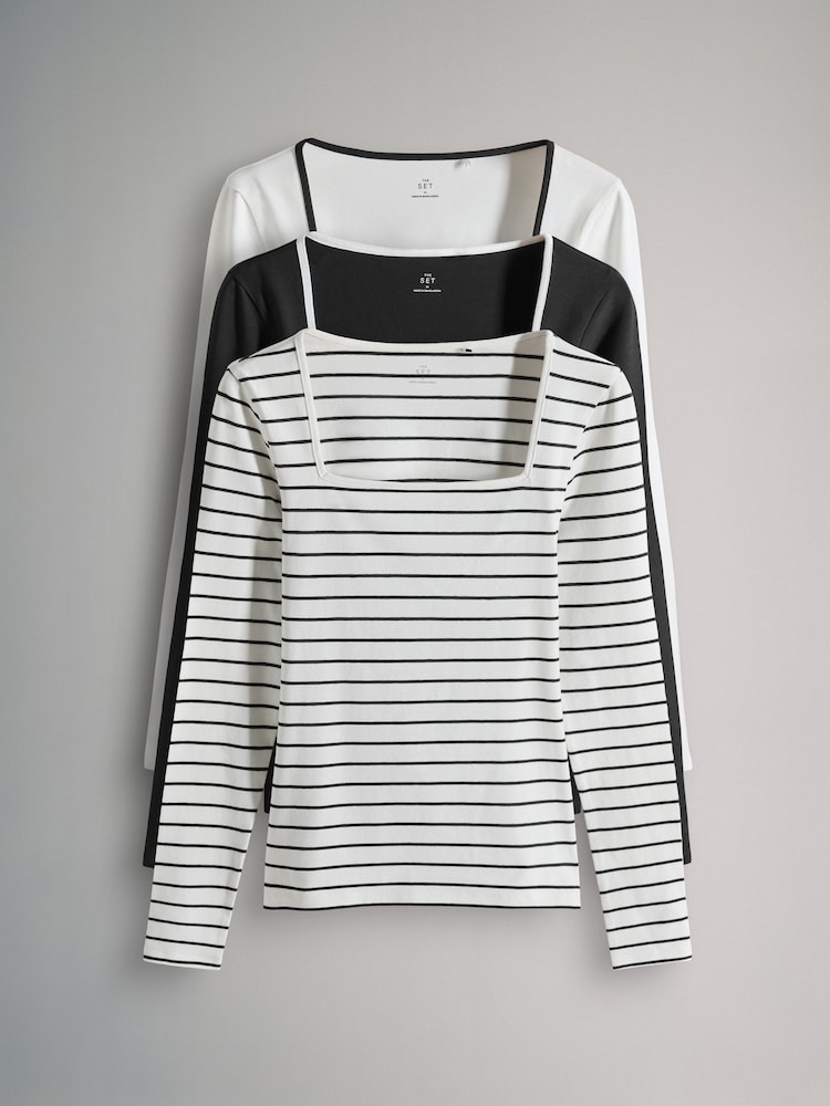 The Set Black/White/Stripe 3 Pack Square Neck Longsleeve T-Shirts - Image 1 of 6