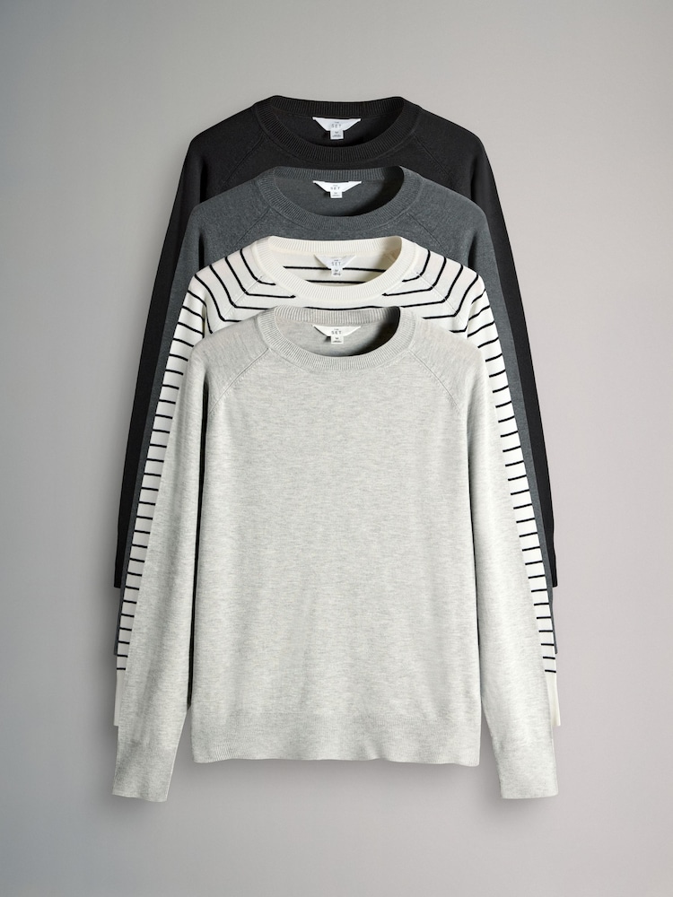 The Set Black/Charcoal/Grey/Black & Cream Stripe 4 Pack Fine Knit Crew Neck Jumpers - Image 1 of 7 The Set Black/Charcoal/Grey/Black & Cream Stripe 4 Pack Fine Knit Crew Neck Jumpers - Image 1 of 7
