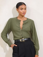 Lipsy Green Knitted Ribbed Crew Neck Buttoned Cardigan - Image 1 of 4