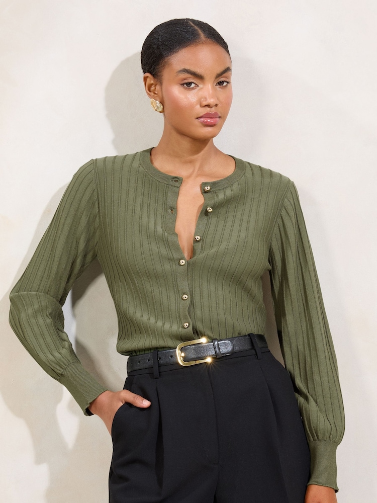 Lipsy Green Knitted Ribbed Crew Neck Buttoned Cardigan - Image 1 of 4