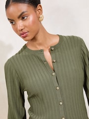 Lipsy Green Knitted Ribbed Crew Neck Buttoned Cardigan - Image 2 of 4