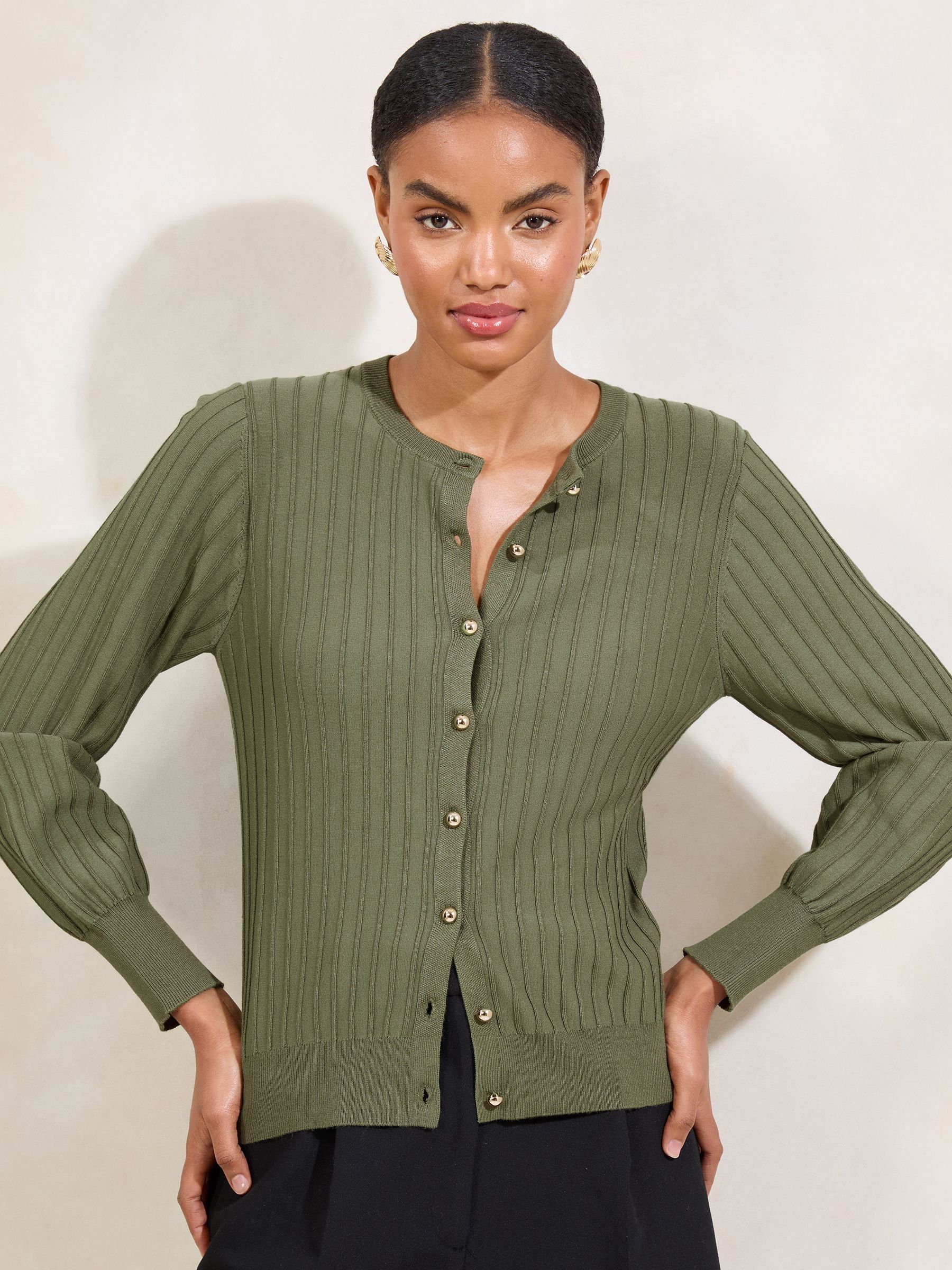 Buy Lipsy Olive Green Knitted Ribbed Crew Neck Buttoned Cardigan
