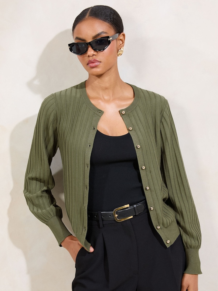 Lipsy Green Knitted Ribbed Crew Neck Buttoned Cardigan - Image 4 of 4
