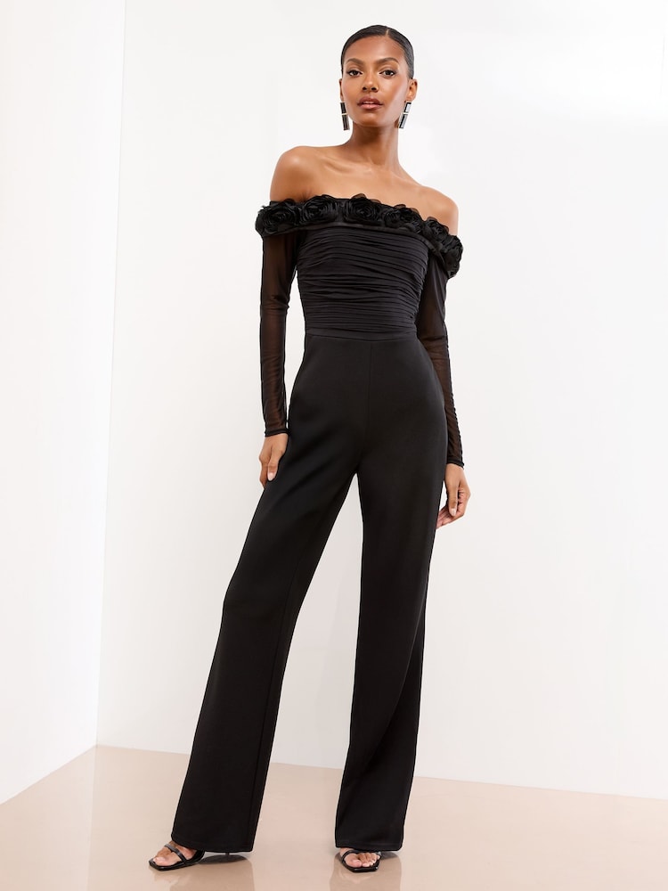 Lipsy Black Flower 3D Trim Bardot Long Sleeve Mesh Jumpsuit - Image 1 of 4