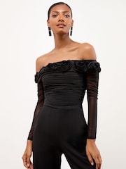 Lipsy Black Flower 3D Trim Bardot Long Sleeve Mesh Jumpsuit - Image 3 of 4