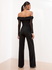 Lipsy Black Flower 3D Trim Bardot Long Sleeve Mesh Jumpsuit - Image 4 of 4