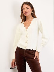 Lipsy Ivory Knitted Scallop Trim V-Neck Embellished Button Cardigan - Image 1 of 5