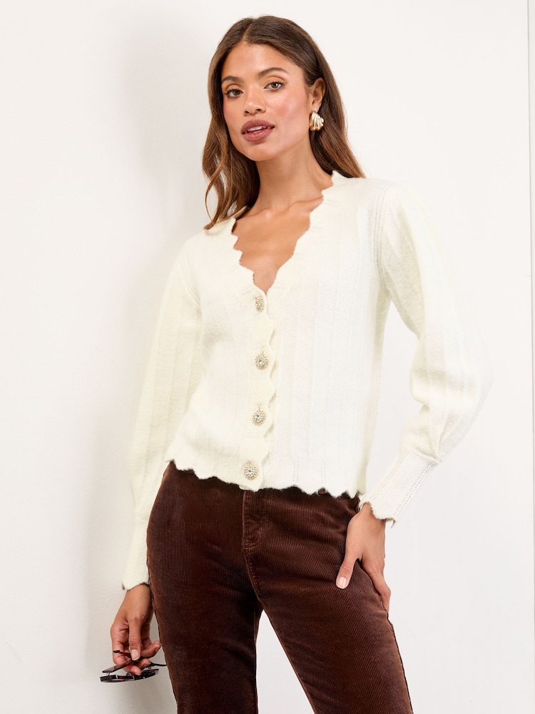 Lipsy Ivory Knitted Scallop Trim V-Neck Embellished Button Cardigan - Image 1 of 5