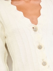 Lipsy Ivory Knitted Scallop Trim V-Neck Embellished Button Cardigan - Image 2 of 5