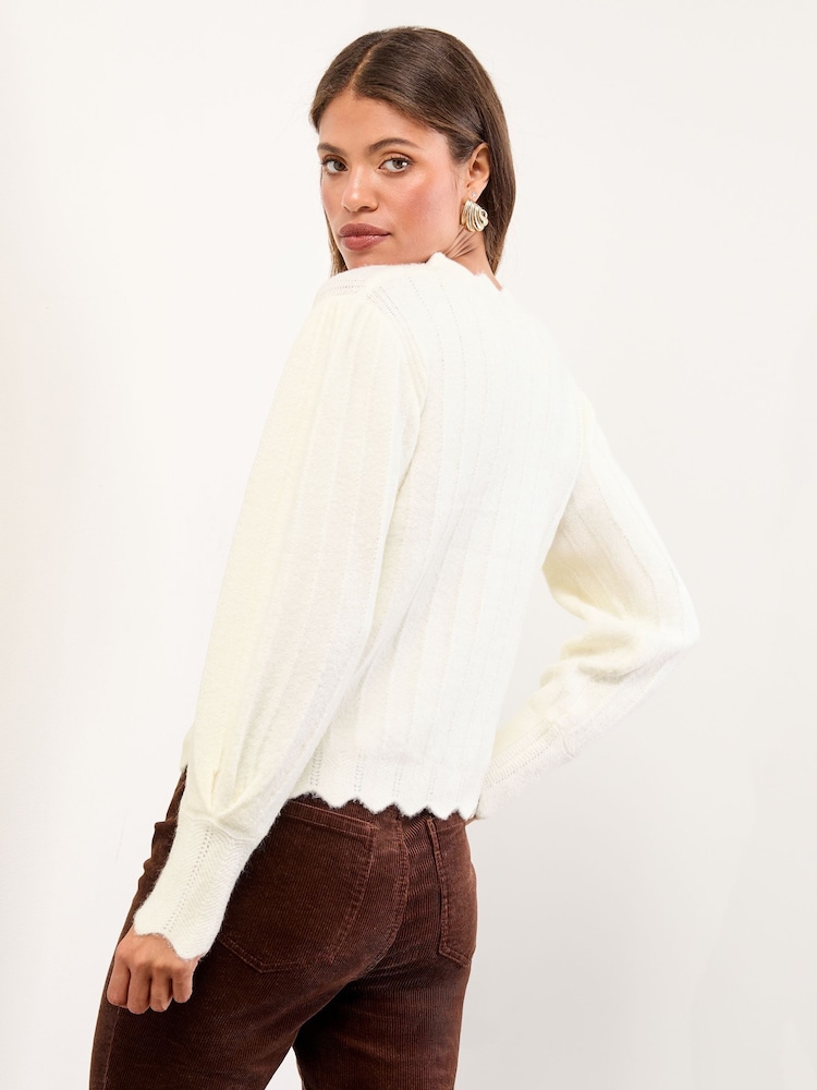Lipsy Ivory Knitted Scallop Trim V-Neck Embellished Button Cardigan - Image 5 of 5 Lipsy Ivory Knitted Scallop Trim V-Neck Embellished Button Cardigan - Image 5 of 5
