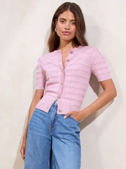 Lipsy Lilac Purple Pointelle Stitch Knit Short Sleeve Button Cardigan - Image 1 of 4
