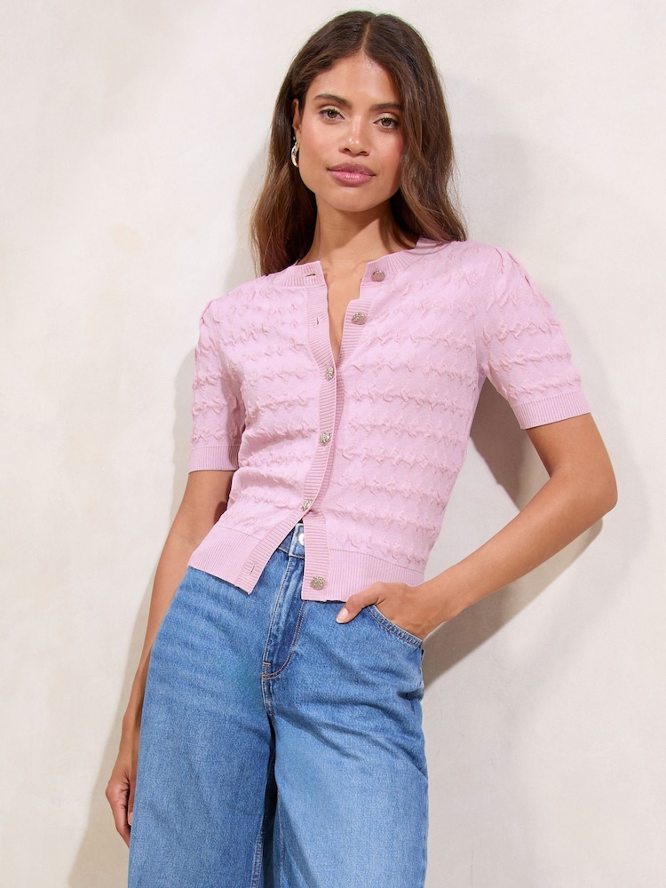 Lipsy Lilac Purple Pointelle Stitch Knit Short Sleeve Button Cardigan - Image 1 of 4