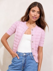 Lipsy Lilac Purple Pointelle Stitch Knit Short Sleeve Button Cardigan - Image 3 of 4