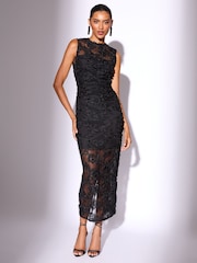 Lipsy Black 3d Floral Mesh Midaxi Bodycon Dress - Image 1 of 4