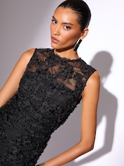 Lipsy Black 3d Floral Mesh Midaxi Bodycon Dress - Image 2 of 4