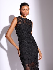 Lipsy Black 3d Floral Mesh Midaxi Bodycon Dress - Image 3 of 4