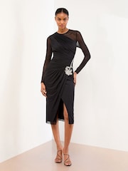 Lipsy Long Sleeve Embellished Trim Mesh Bodycon Midi Dress - Imagem 1 de 4
