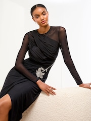 Lipsy Long Sleeve Embellished Trim Mesh Bodycon Midi Dress - Imagem 3 de 4