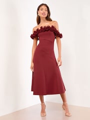 Lipsy Burgundy Red Ruffle Bardot Fit And Flare Midi Dress - Image 1 of 4