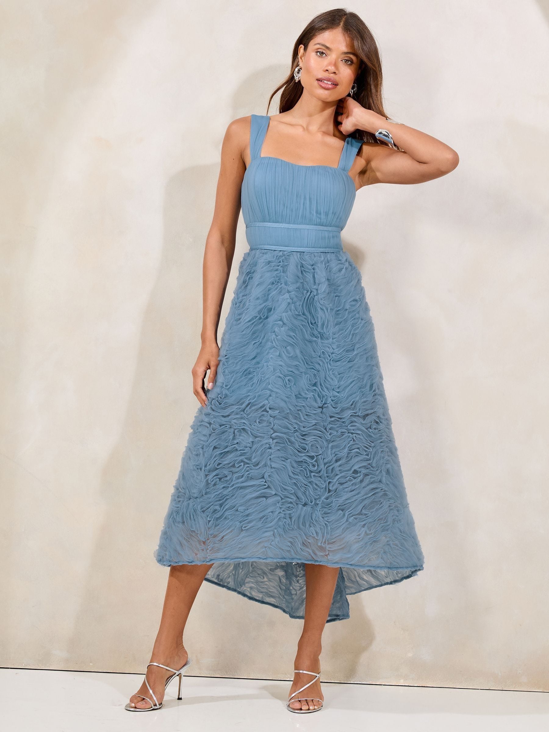 Lipsy Blue Premium Textured 3D Skater Prom Midi Dress