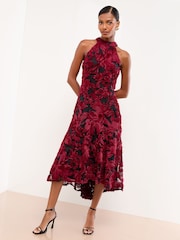 Lipsy Red/Black Premium 3d Textured Halter Fit And Flare Midi Dress - Image 5 of 5