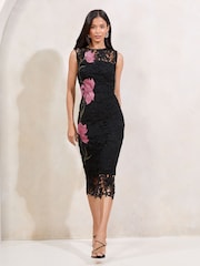 Lipsy Black Premium Floral Print Embriodered Lace Bodycon Midi Dress - Image 1 of 5