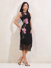 Lipsy Black Premium Floral Print Embriodered Lace Bodycon Midi Dress - Image 4 of 5
