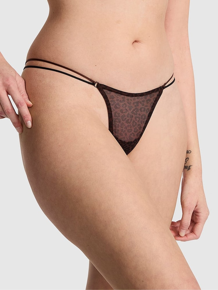Victoria's Secret PINK Brown Leopard Mini Scoop Thong Logo Mesh Knickers - Image 1 of 3