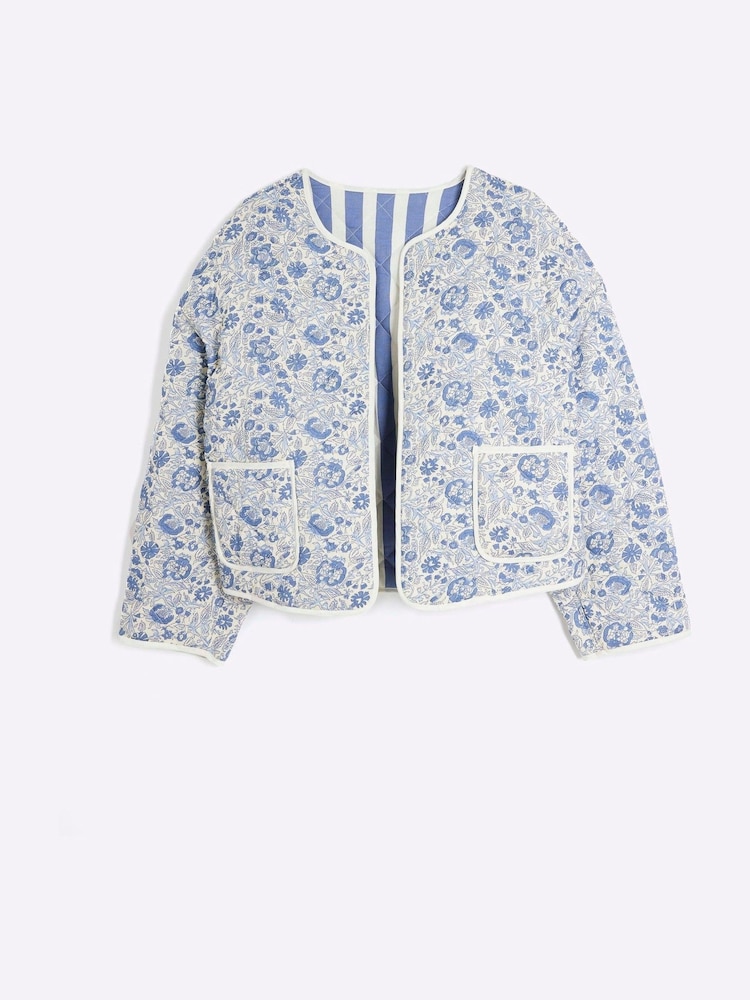 River Island Blue Reversible Floral Stripe Quilted Jacket - Image 4 of 5
