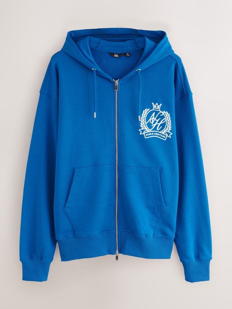 Blue EDIT Graphic Print Zip Through 100% Cotton Hoodie - Image 1 of 4