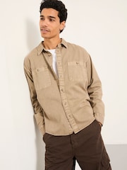 FatFace Light Brown Long Sleeve Relaxed Fit Garment Dye Utility Shirt - Image 1 of 5