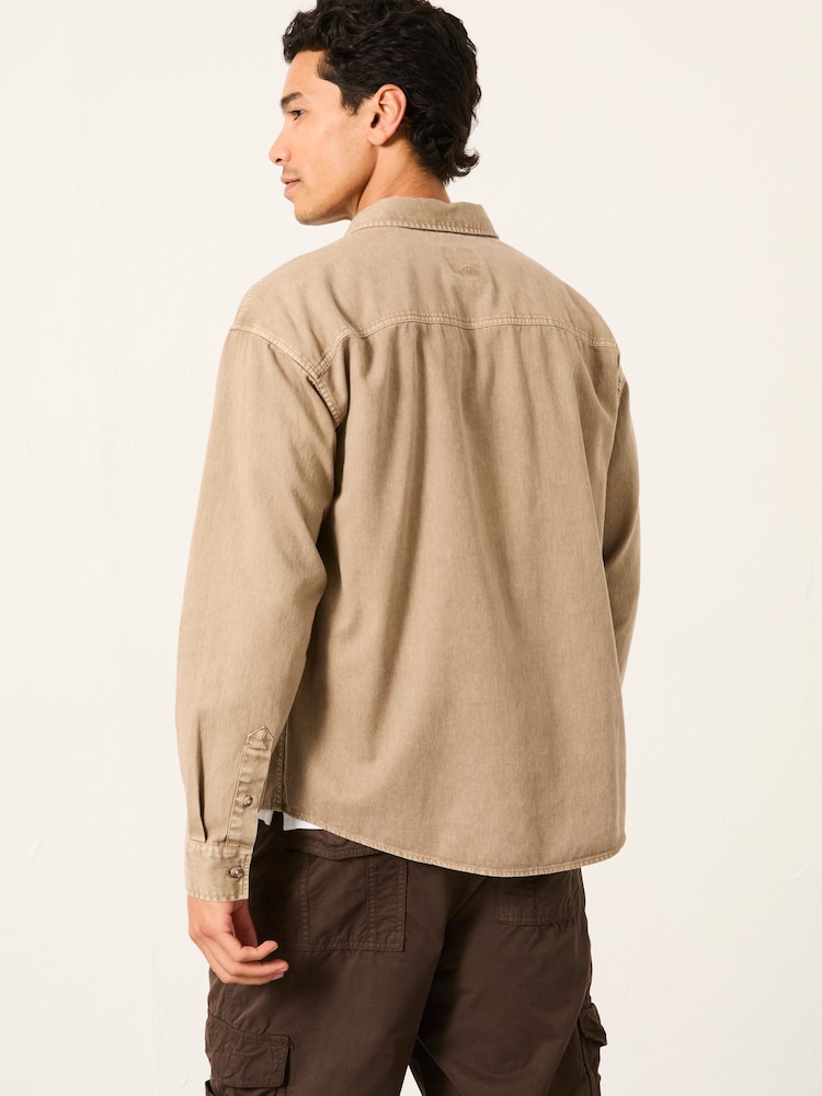 FatFace Light Brown Long Sleeve Relaxed Fit Garment Dye Utility Shirt - Image 2 of 5