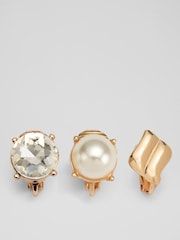 LK Bennett Cream Elsa Multi Crystal & Gold Plating Clip-Ons Set Of 3 - Image 1 of 1