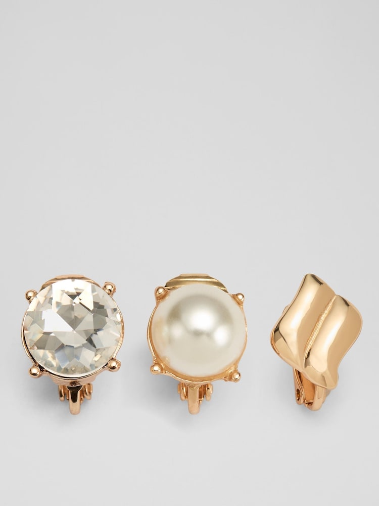 LK Bennett Cream Elsa Multi Crystal & Gold Plating Clip-Ons Set Of 3 - Image 1 of 1