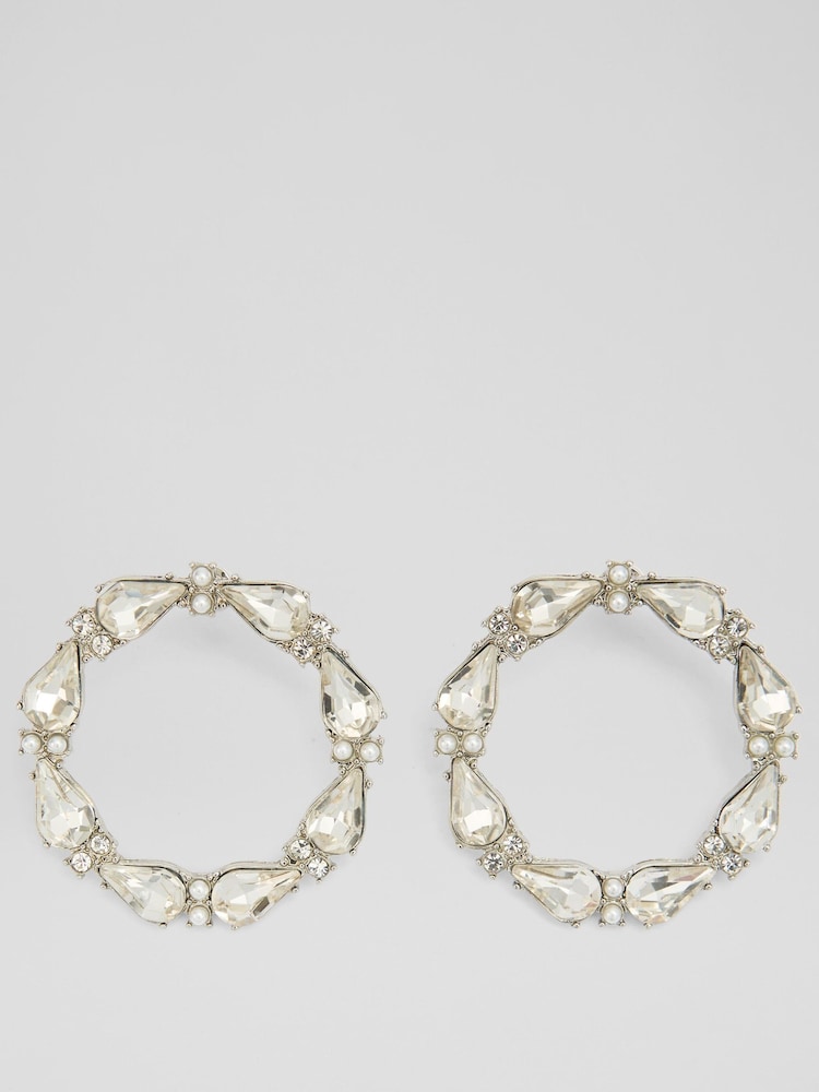 LK Bennett Cream Freya Clear Crystal & Rhodium Plating Statement Circle Stud Earrings - Image 1 of 2