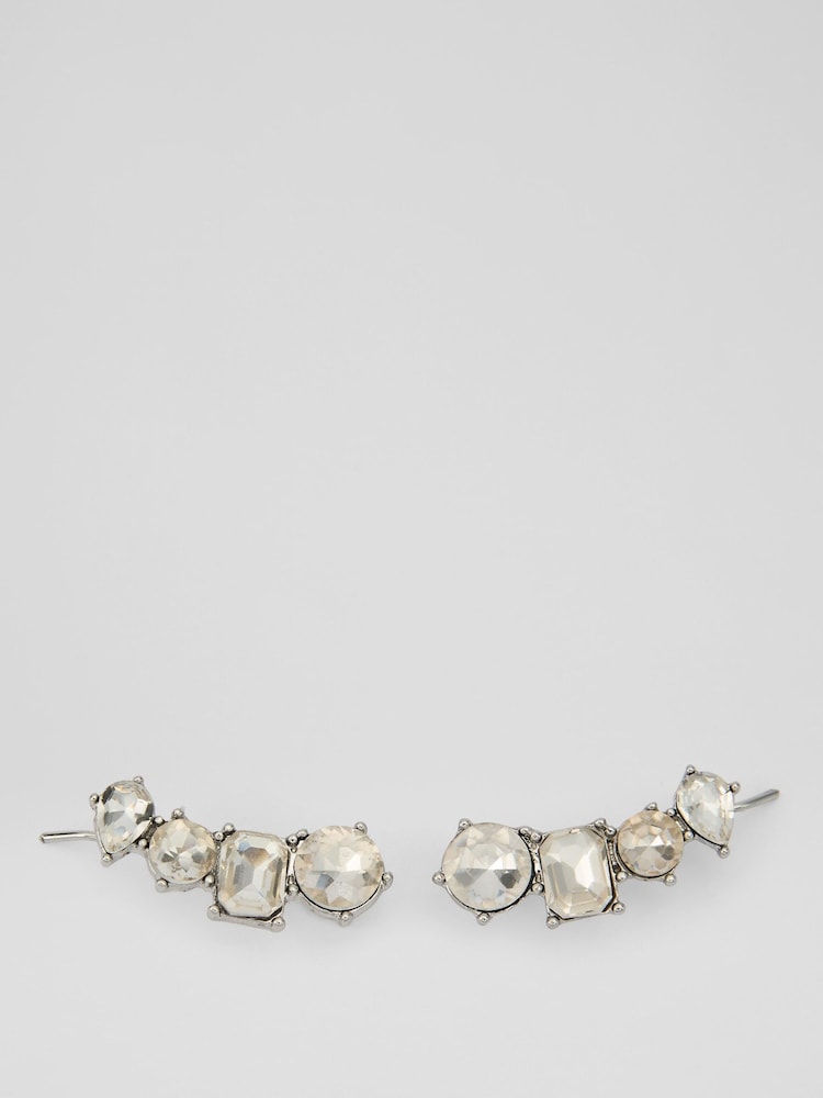 LK Bennett Cream Tally Clear Crystal & Rhodium Plating Ear Climber Set - Image 1 of 2