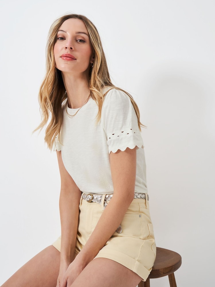 Crew Clothing White Sleeve Detail Crew Neck 100% Cotton Top - Image 1 of 5