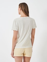 Crew Clothing White Sleeve Detail Crew Neck 100% Cotton Top - Image 2 of 5