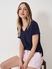 Crew Clothing Blue Sleeve Detail V-Neck 100% Cotton Top - Image 1 of 5
