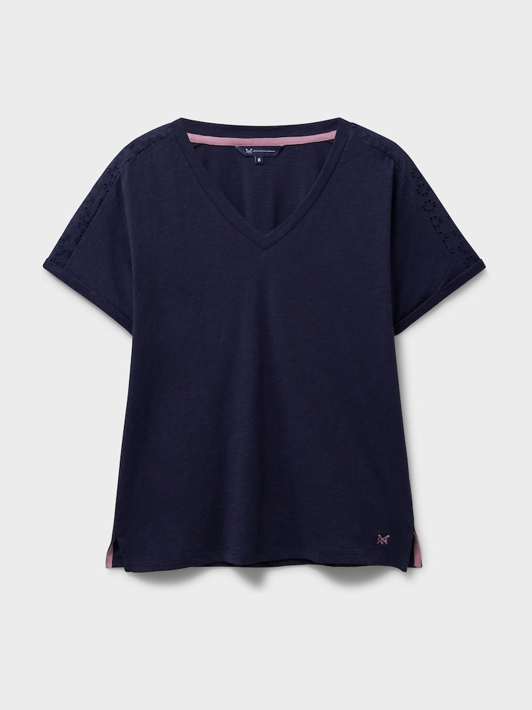 Crew Clothing Blue Sleeve Detail V-Neck 100% Cotton Top - Image 5 of 5