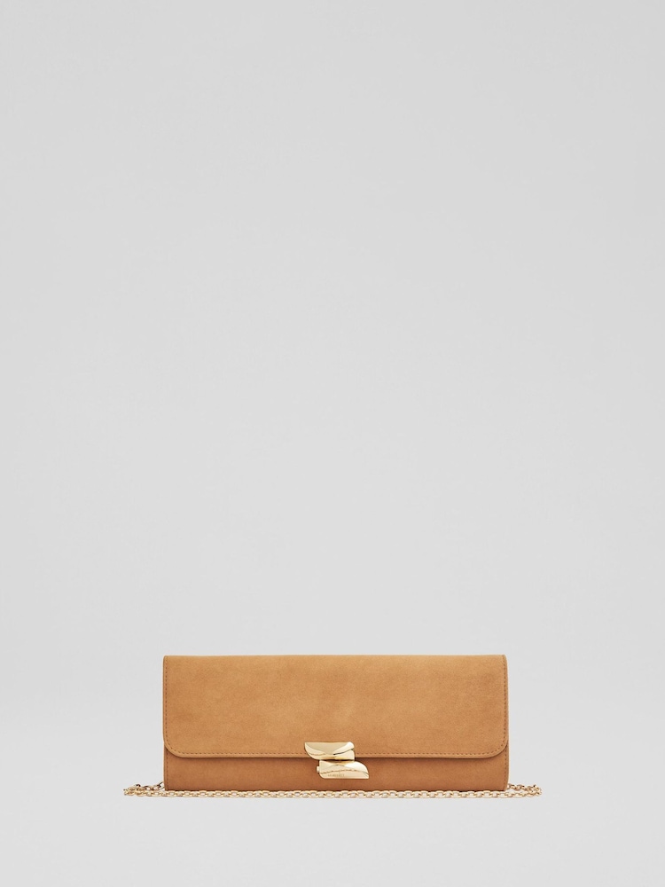 LK Bennett Brown Aria Suede Curve Flap Clutch Bag - Image 1 of 3