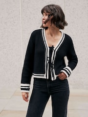 Mint Velvet Black Contrast Cotton Blend Trim Cardigan - Image 1 of 8